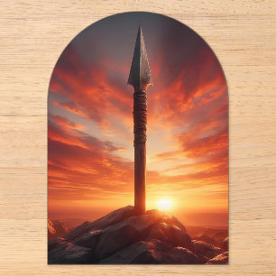 Epische speer in een mystiek landschap bij zonsond acryl uitnodigingen