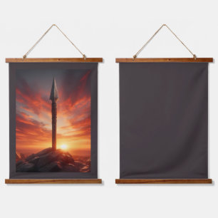 Epische speer in een mystiek landschap bij zonsond hangend wandkleed