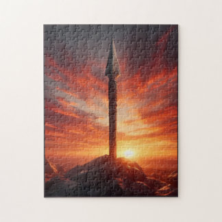 Epische speer in een mystiek landschap bij zonsond legpuzzel