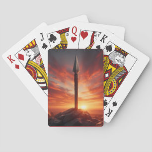 Epische speer in een mystiek landschap bij zonsond pokerkaarten