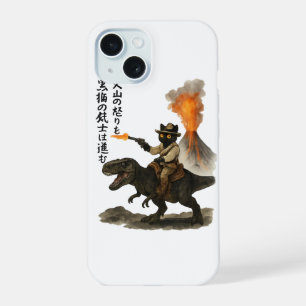 Epische Zwarte Kat Cowboy die op een Dinosaurus ri iPhone 15 Case