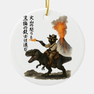 Epische Zwarte Kat Cowboy die op een Dinosaurus ri Keramisch Ornament