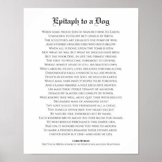 Epitaph aan een hond, Lord Byron Poem Poster (Voorkant)