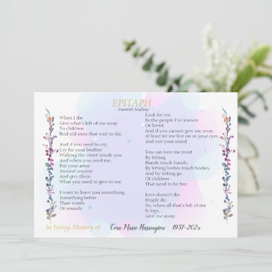 Epitaph Poem Waterverf Memorial Flat Kaart (Staand voorkant)