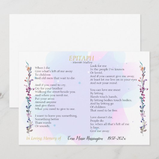 Epitaph Poem Waterverf Memorial Flat Kaart (Voorkant / Achterkant)