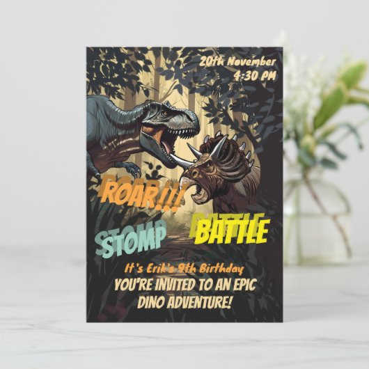 Epitijdige dinostamp, gebrul en verjaardagsgevecht kaart (Staand voorkant)