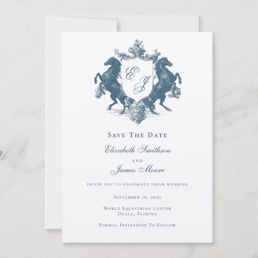 Equestrian Monogram Horses Crest Blauwgroen Blauw Save The Date (Voorkant)