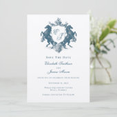 Equestrian Monogram Horses Crest Blauwgroen Blauw Save The Date (Staand voorkant)