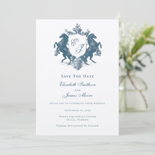Equestrian Monogram Horses Crest Blauwgroen Blauw Save The Date (Staand voorkant)