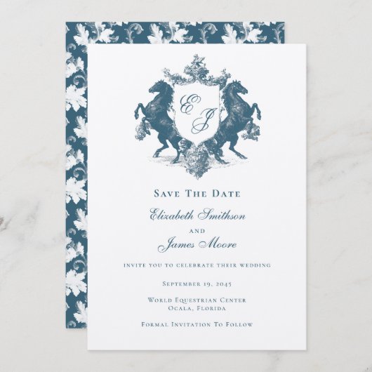 Equestrian Monogram Horses Crest Blauwgroen Blauw Save The Date (Voorkant / Achterkant)