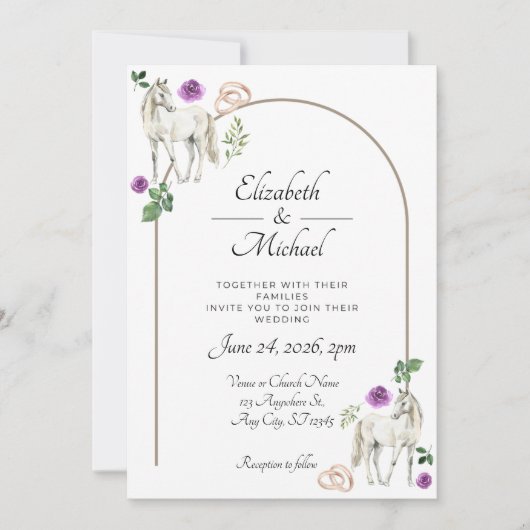 Equestrian Purple Floral Rustic Wedding Kaart (Voorkant)