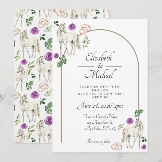 Equestrian Purple Floral Rustic Wedding Kaart (Voorkant / Achterkant)