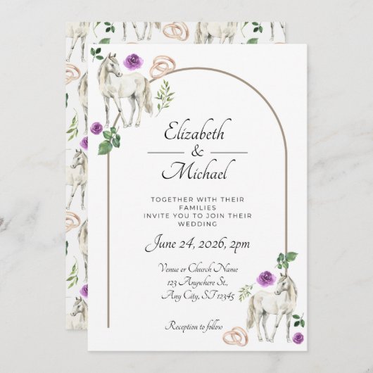 Equestrian Purple Floral Wedding Invitation Kaart (Voorkant / Achterkant)