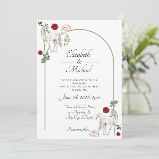 Equestrian Red Floral Rustic Wedding Kaart (Staand voorkant)