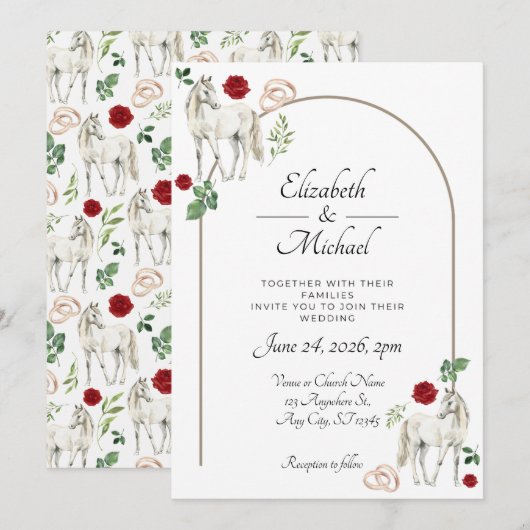 Equestrian Red Floral Rustic Wedding Kaart (Voorkant / Achterkant)
