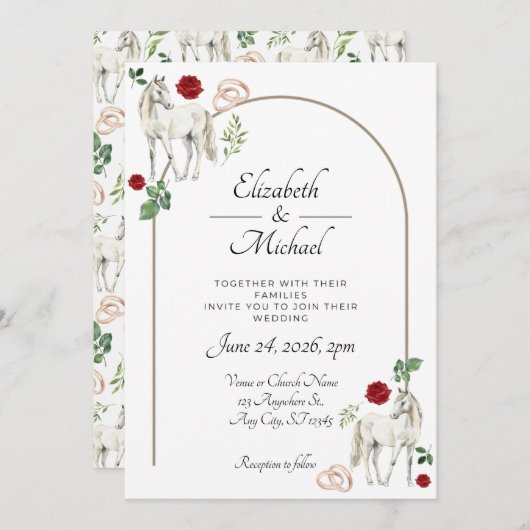 Equestrian Red Floral Wedding Invitation Kaart (Voorkant / Achterkant)