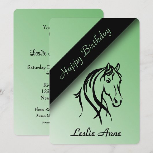 Equine Birthday Party Invitation Green Kaart (Voorkant / Achterkant)