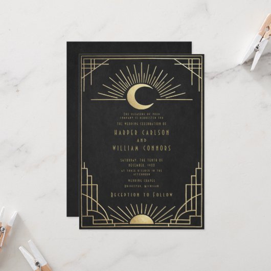 Equinox Art Deco celestial wedding Invitation Kaart (Voorkant / Achterkant in situ)