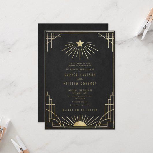 Equinox Art Deco Celestial Wedding Invitation Kaart (Voorkant / Achterkant in situ)