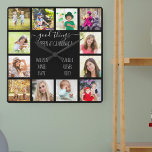Er gebeuren goede dingen bij oma's 12 foto zwart vierkante klok<br><div class="desc">Fotoklok voor grootouders met 12 van je favoriete afbeeldingen. Creëer uw eigen foto collage van de netstijl en voeg de namen van de kleinkinderen toe (2 tot 8 namen kijken het best). Het citaat luidt: "Er gebeuren goede dingen bij oma". Het ontwerp wordt met de hand geschreven en witachtige typografie...</div>