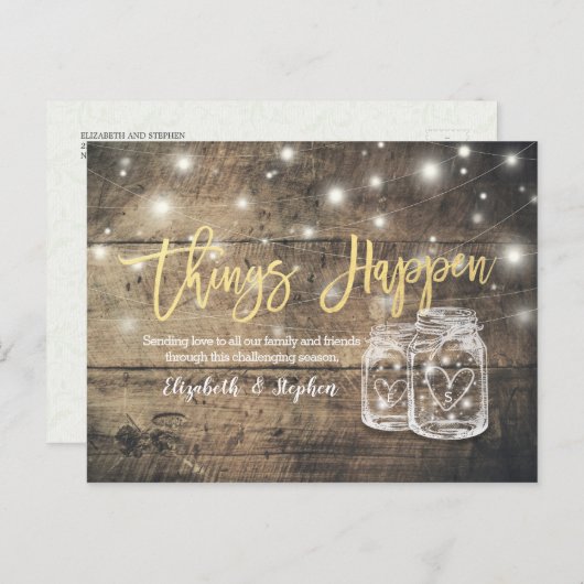 Er gebeurt een huwelijk met uitstel Mason Jars Woo Aankondigingskaart (Voorkant / Achterkant)