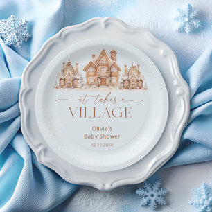 Er is een Baby shower voor een Village Winter Boy Papieren Bordje