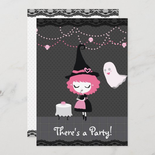 Er is een feest! Roze heks Uitnodiging (Voorkant / Achterkant)