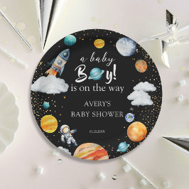 Er Is Een Jongen Op Weg Ruimtesalon Voor Baby Papieren Bordje