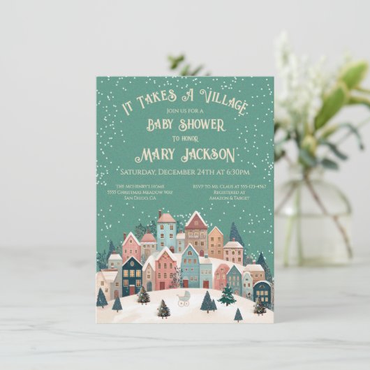 Er is een kerstvakantie Baby shower in het dorp Kaart (Staand voorkant)