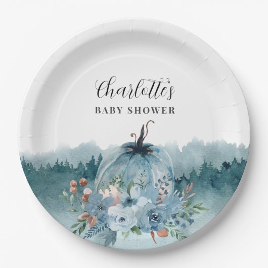 Er is een kleine pompoen op weg naar blauw Baby sh Papieren Bordje (Voorkant)