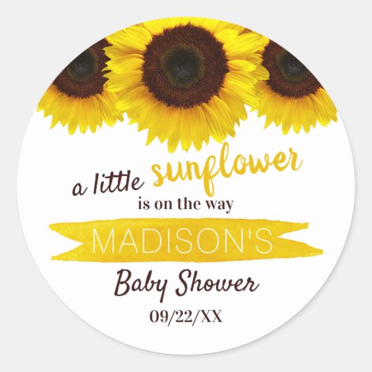 Er is een kleine zonnebloem onderweg. Baby shower Ronde Sticker (Voorkant)