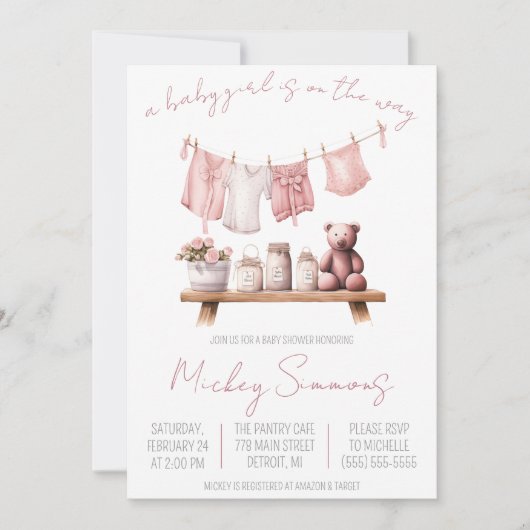 Er is een meisje onderweg! Clothesline-Baby shower Kaart (Voorkant)