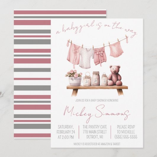 Er is een meisje onderweg! Clothesline-Baby shower Kaart (Voorkant / Achterkant)