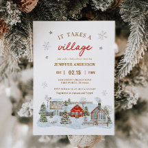 Er is een sneeuwig Baby shower in het dorp