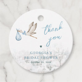 Er is een Village Stork Winter Boy Baby shower Bedankjes Labels