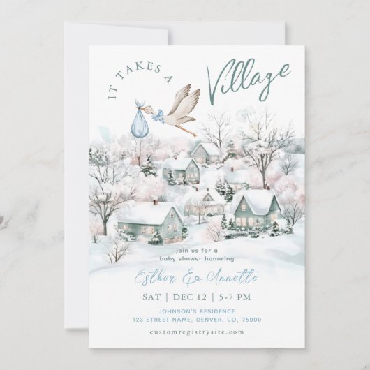 Er is een Village Stork Winter Boy Baby shower voo Kaart (Voorkant)