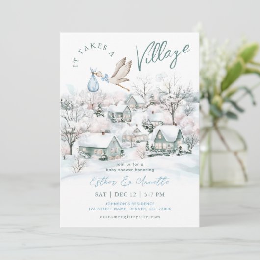 Er is een Village Stork Winter Boy Baby shower voo Kaart (Staand voorkant)
