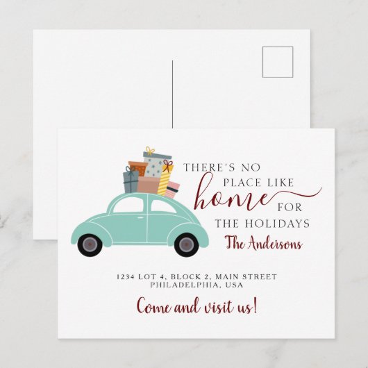 Er is geen plek zoals Home Cyan Car Car Moving Aankondigingskaart (Voorkant / Achterkant)