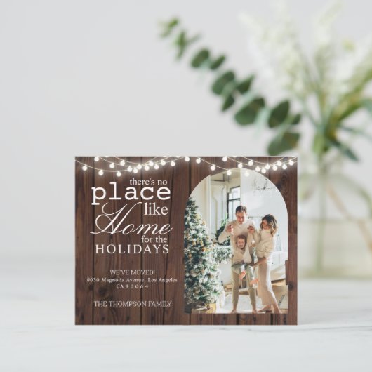 Er is geen plek zoals Home Wood Photo Moving Aankondigingskaart (Staand voorkant)