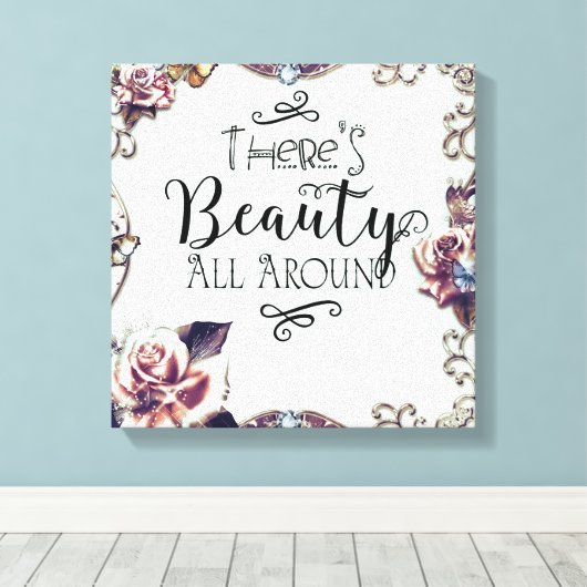 Er is schitterend overal rond Butterflies en Rozen Canvas Afdruk (Insitu (Houten vloer))