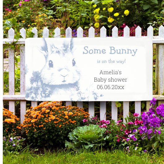 Er komt een konijntje Blauwe baby shower  Spandoek