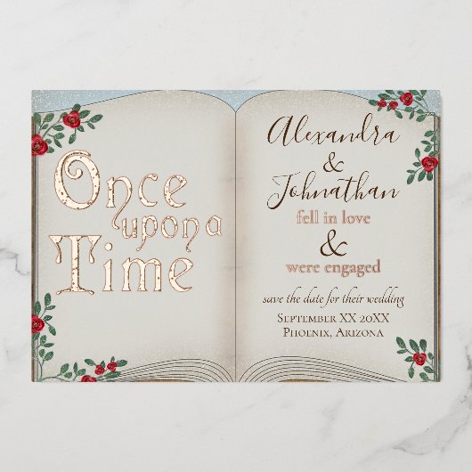 Er was eens een gouden boek Sprookje Bruiloft Folie Uitnodiging (Voorkant)