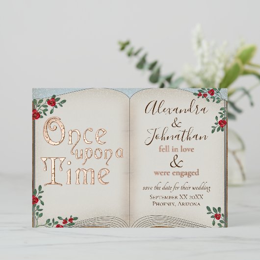 Er was eens een gouden boek Sprookje Bruiloft Folie Uitnodiging (Staand Voorkant)