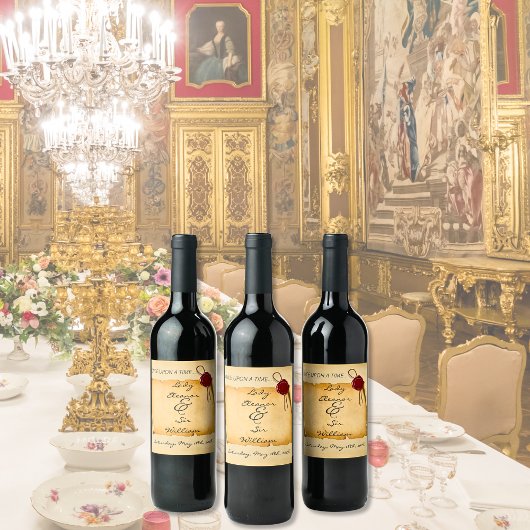 Er was eens een middeleeuws verouderde scroll wax  wijn etiket