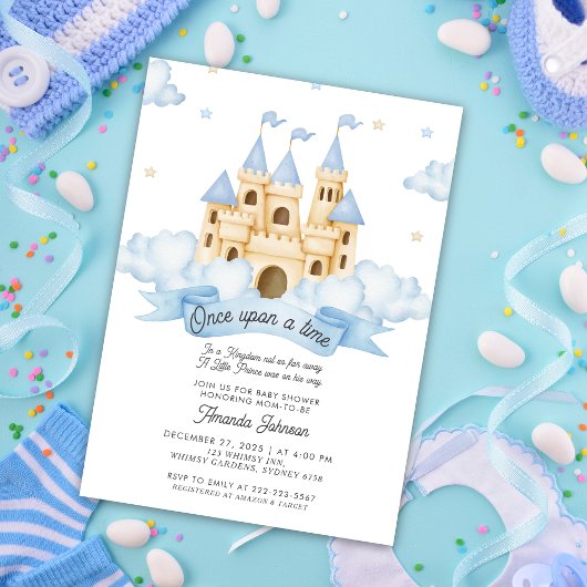 Er was eens een sprookjesachtig kasteelblauw baby  kaart