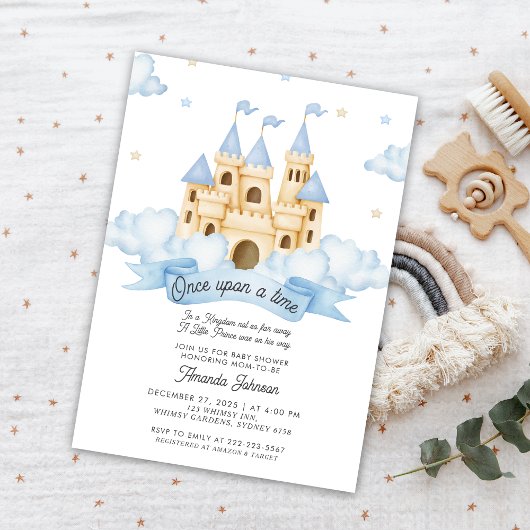 Er was eens een sprookjesachtig kasteelblauw baby  kaart