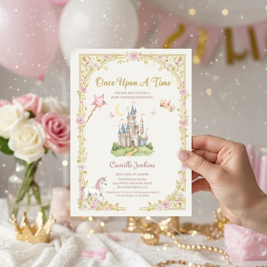 Er was eens sprookjesframe gouden babyshower kaart