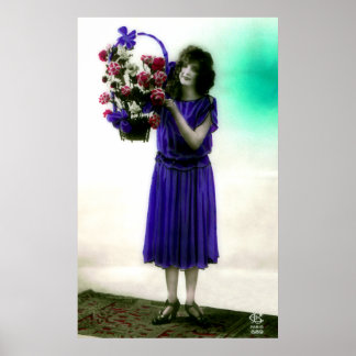 Era Glamor Gal uit 1920 met mandje bloemen Poster
