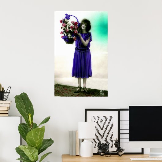 Era Glamor Gal uit 1920 met mandje bloemen Poster (Thuiskantoor)