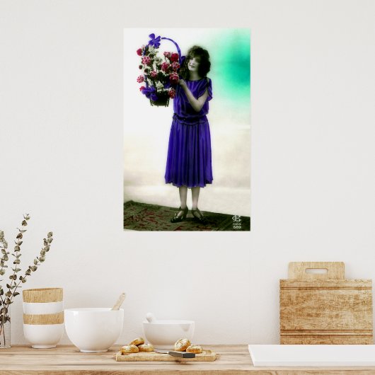 Era Glamor Gal uit 1920 met mandje bloemen Poster (Keuken)